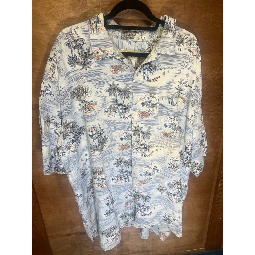 Eddie Bauer Mens XXXL Linen Cotton Tropical Palm Tree Hawaiian Shirt Blue White